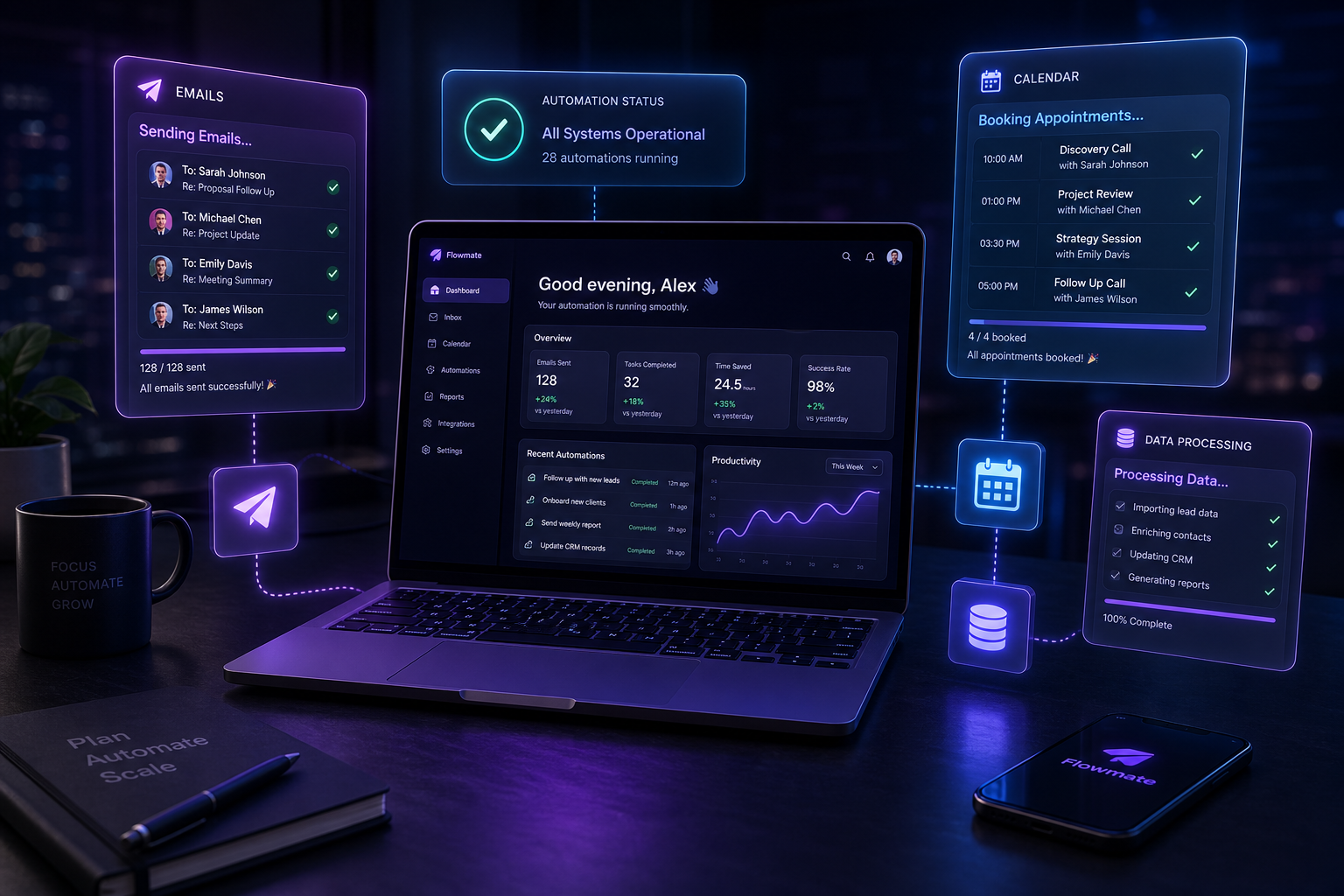 AI working through the night — emails sent, appointments booked, data processed