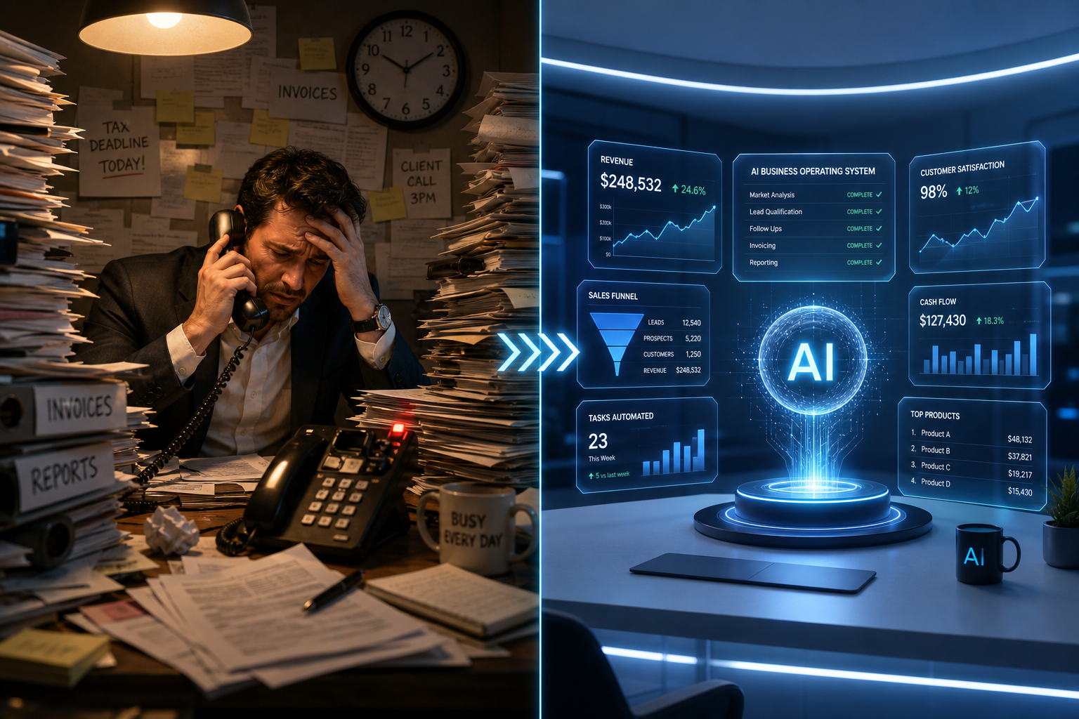 Human doing everything vs AI doing everything — one AI agent replaces hours of work