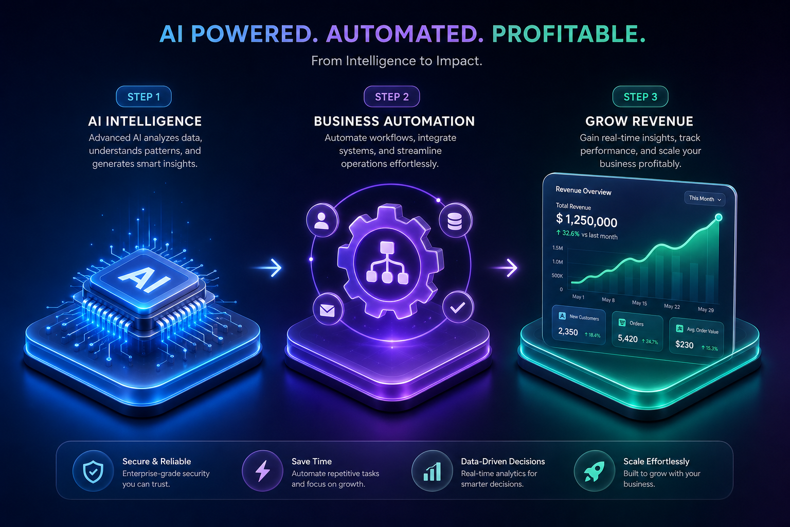 Three steps: use our pre-made AI agents, help businesses automate, get paid monthly